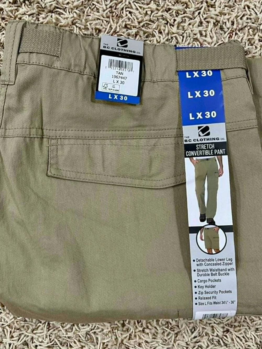 BC Clothing Men's Belted Convertible Pants Tan, Size L x 30 (New)